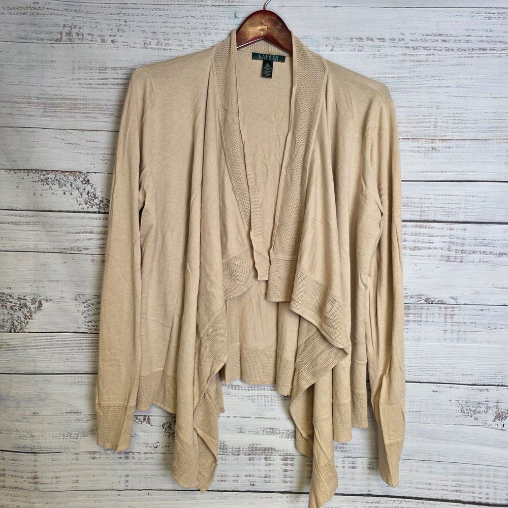 Lauren Ralph Lauren Tan Beige Waterfall Open Front Cardigan Pointelle Trim XL